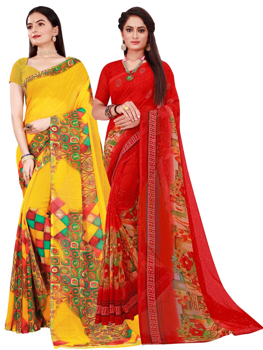 

SAADHVI Pack of 2 Yellow & Red Pure Georgette Saree