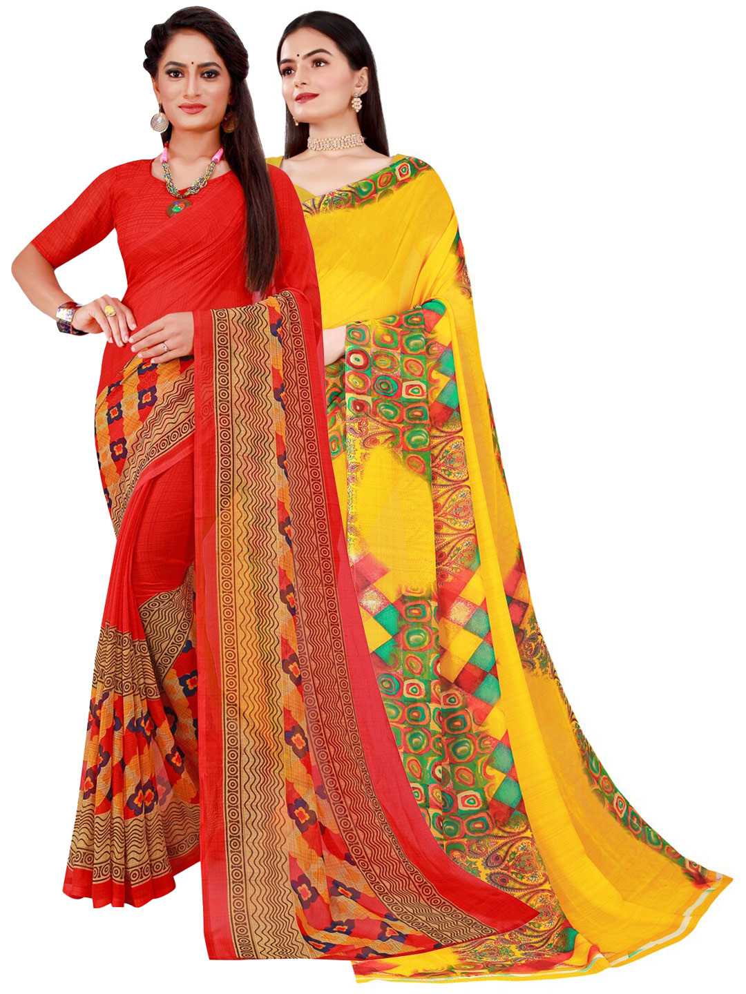 

SAADHVI Pack Of 2 Yellow & Red Printed Pure Georgette Saree