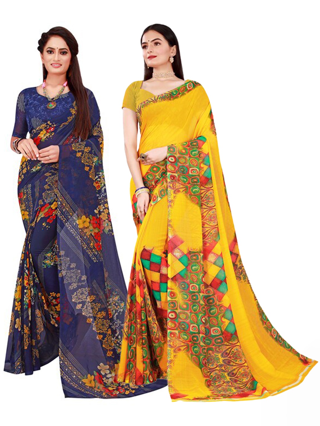 

SAADHVI Yellow & Navy Blue Pure Georgette Saree