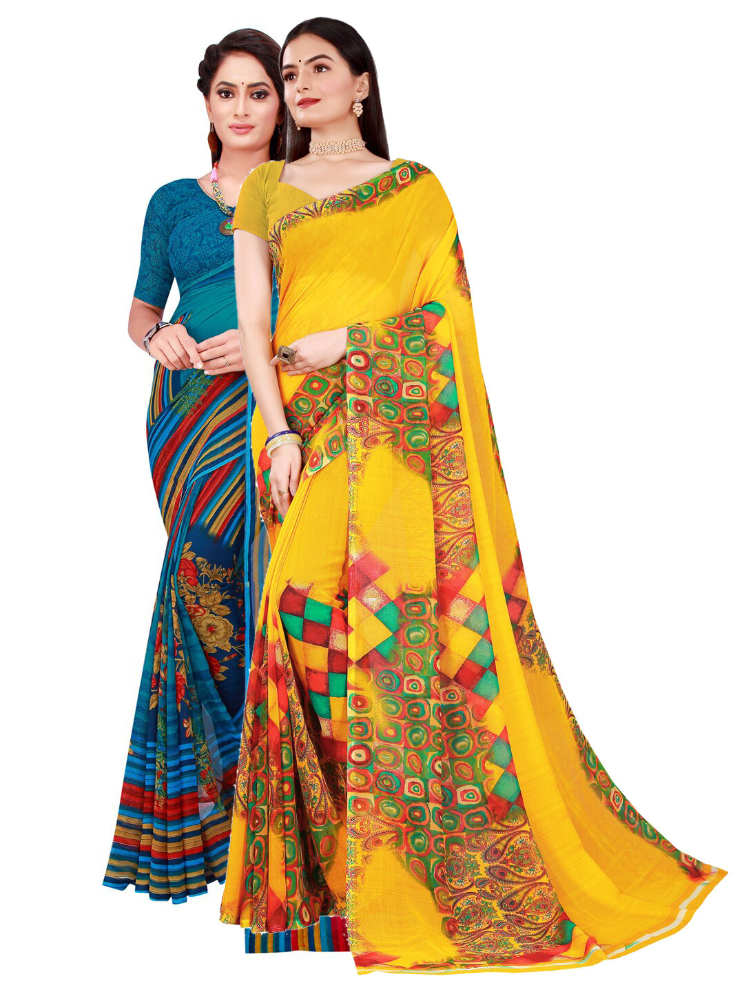 

SAADHVI Yellow & Blue Floral Pure Georgette Saree
