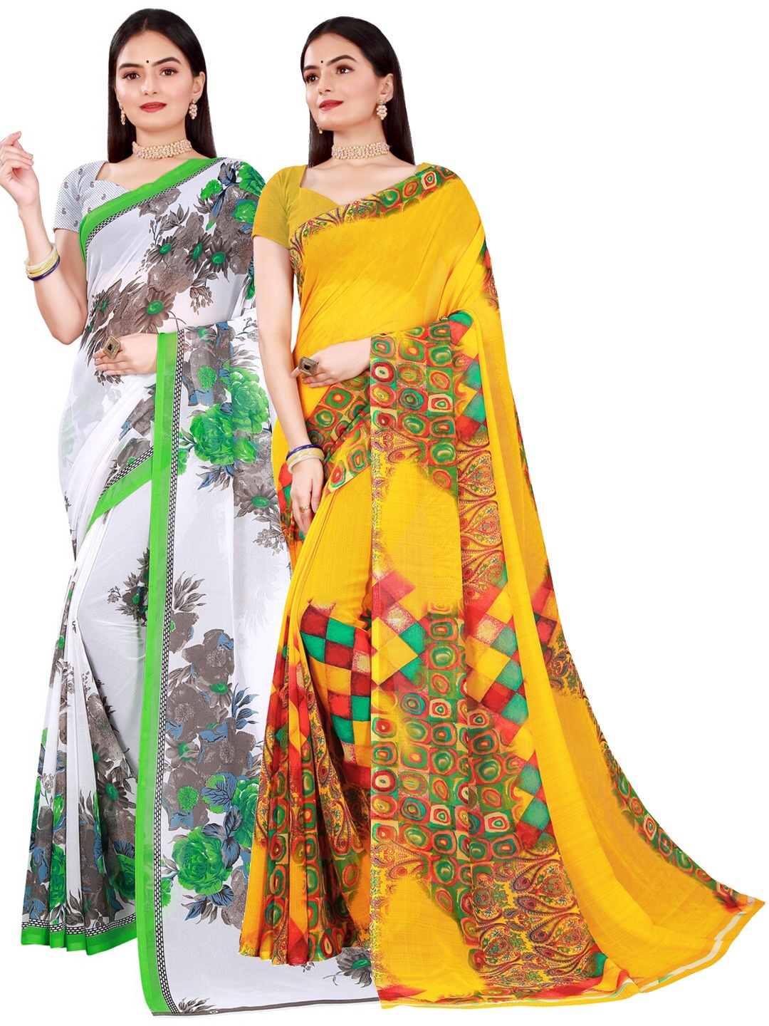 

SAADHVI Set Of 2 Yellow & White Floral Pure Georgette Sarees