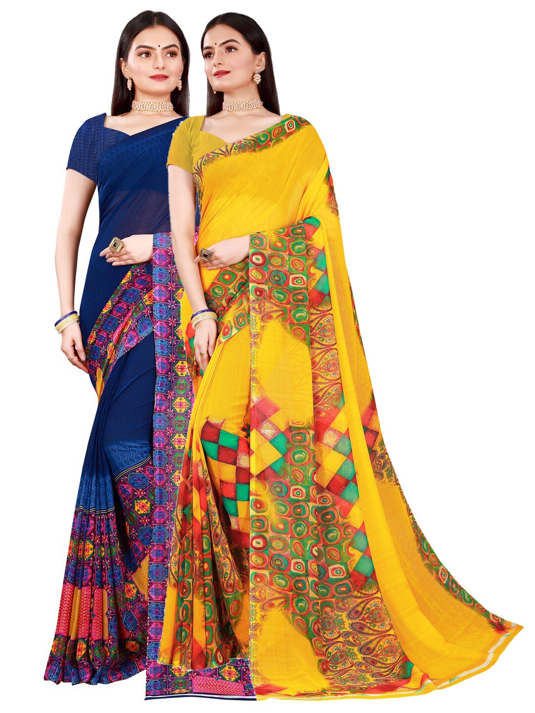 

SAADHVI Pack Of 2 Yellow & Navy Blue Pure Georgette Saree