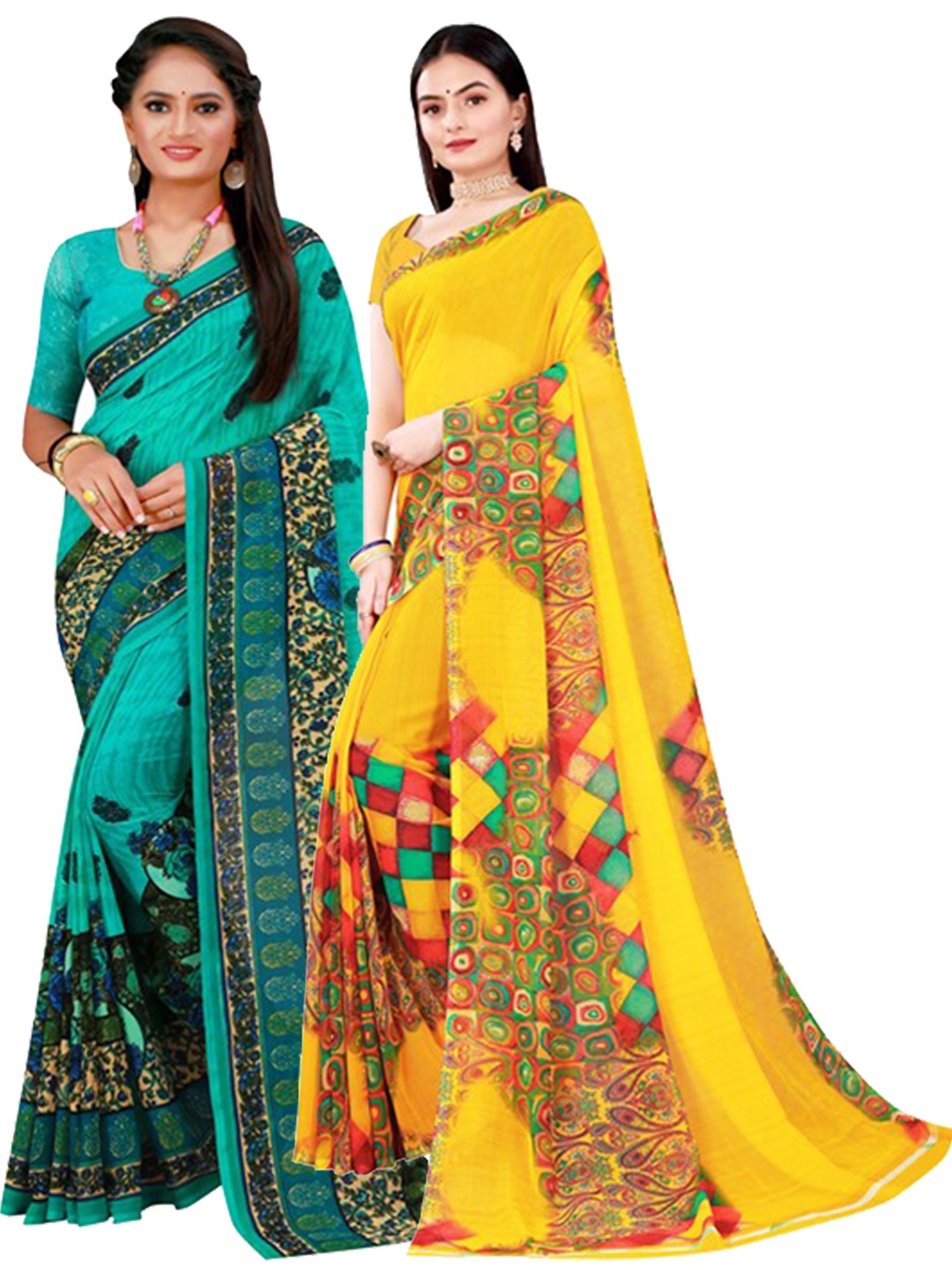 

SAADHVI Pack of 2 Yellow & Turquoise Blue Floral Pure Georgette Saree