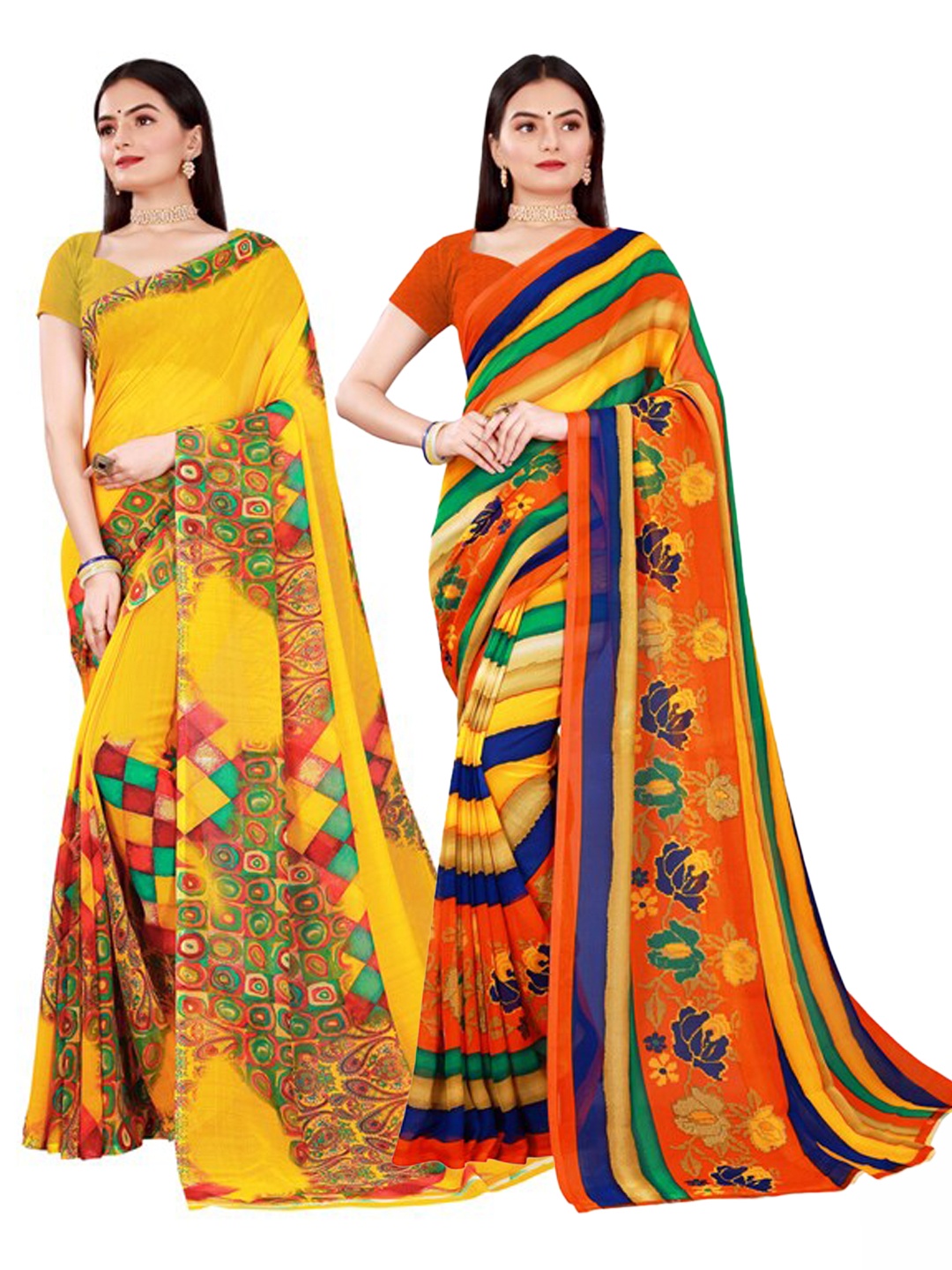 

SAADHVI Pack Of 2 Yellow & Green Pure Georgette Saree