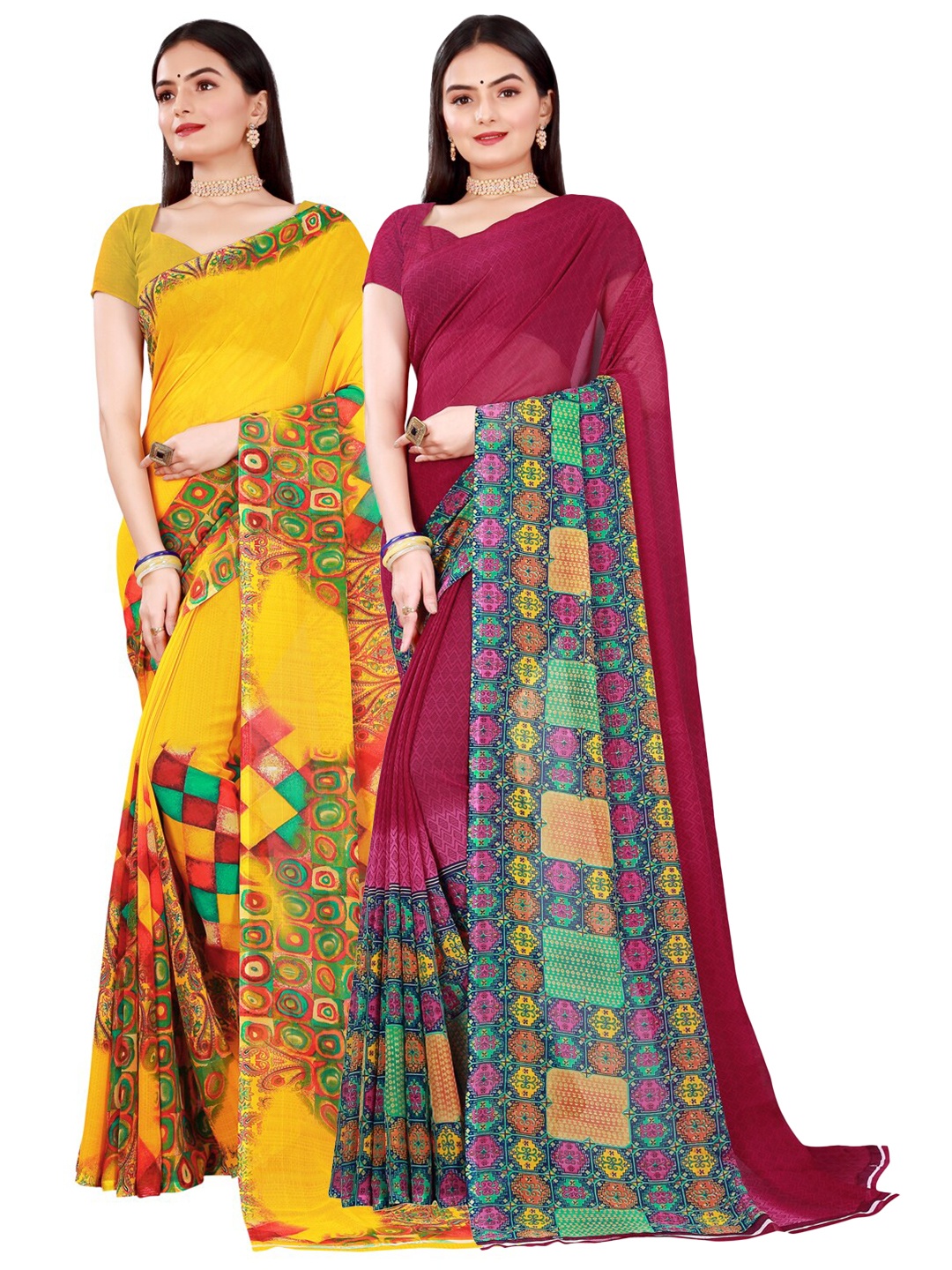 

SAADHVI Pack Of 2 Women Yellow & Maroon Pure Georgette Saree
