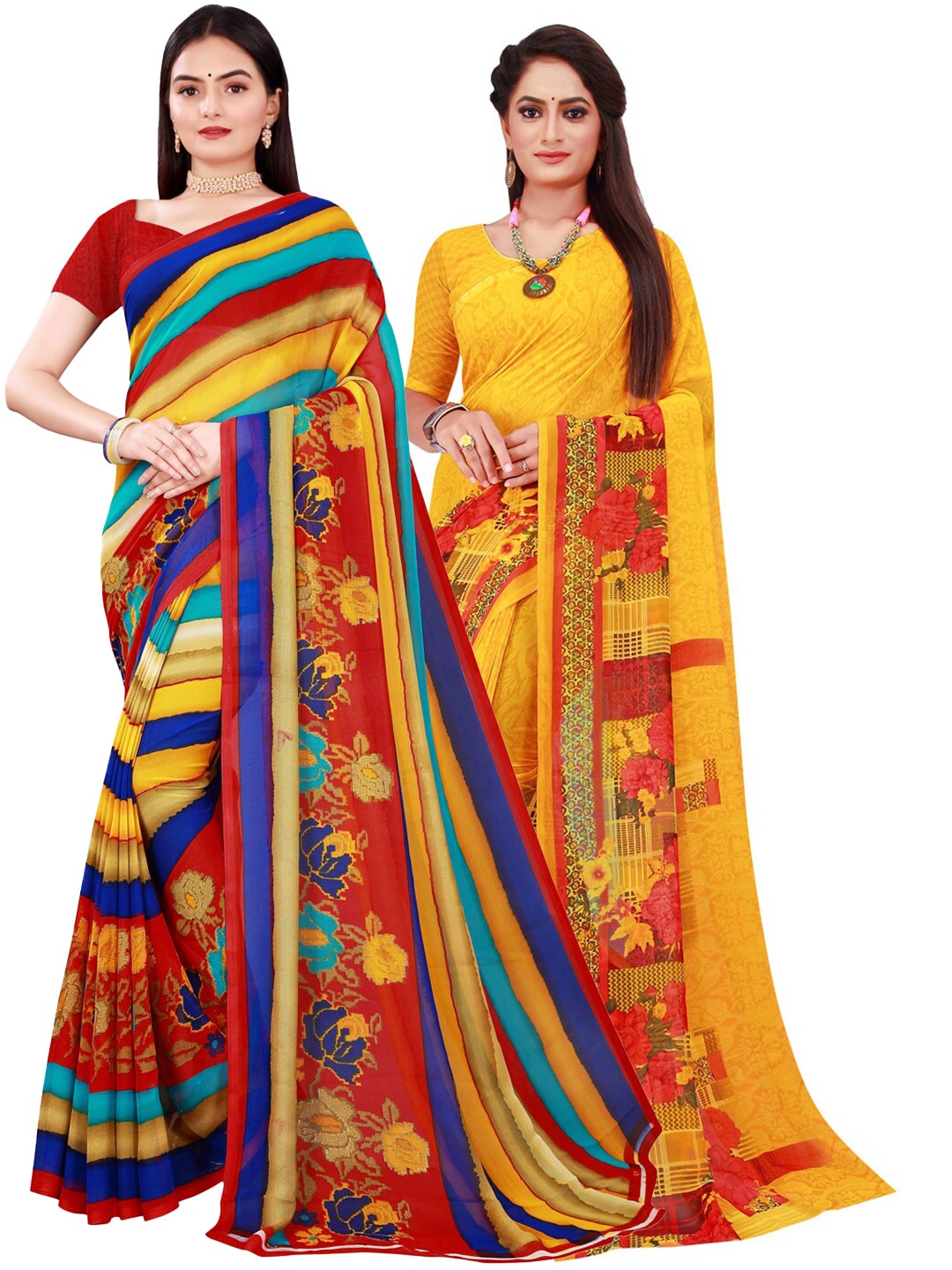 

Florence Pack of 2 Yellow & Red Floral Pure Georgette Saree