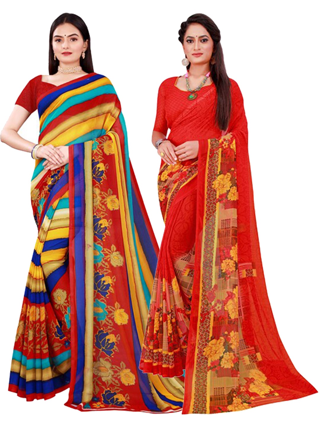 

Florence Pack of 2 Navy Blue & Red Pure Georgette Saree