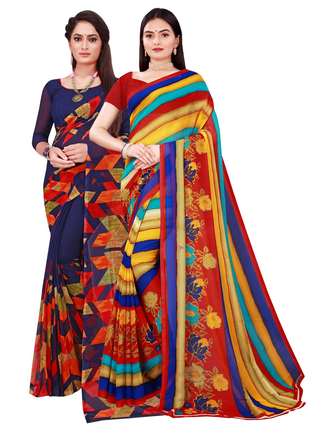 

Florence Navy Blue & Red Pure Georgette Saree Combo