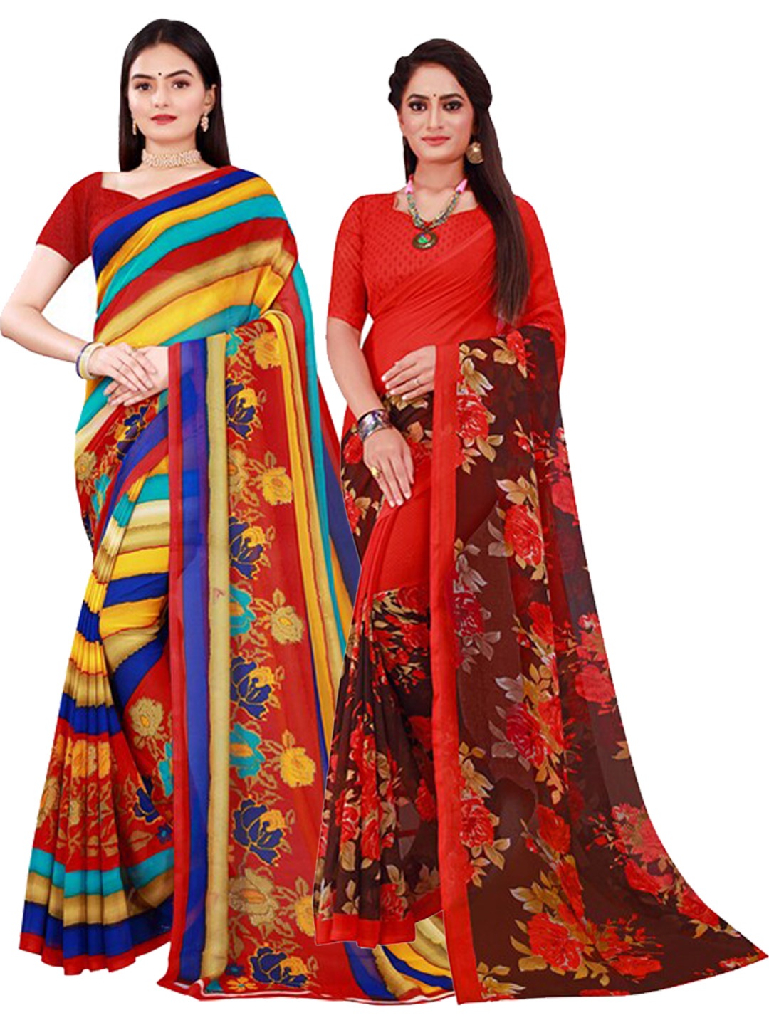 

Florence Pack of 2 Women Orange & Red Floral Pure Georgette Saree