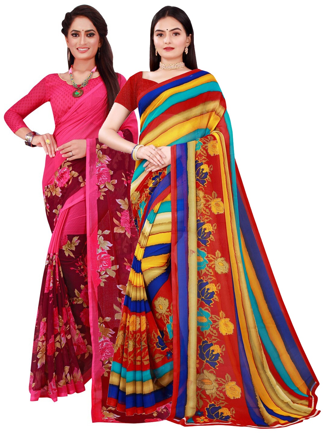 

Florence Pack Of 2 Magenta & Red Printed Pure Georgette Saree With Unstitched Blouse Piece