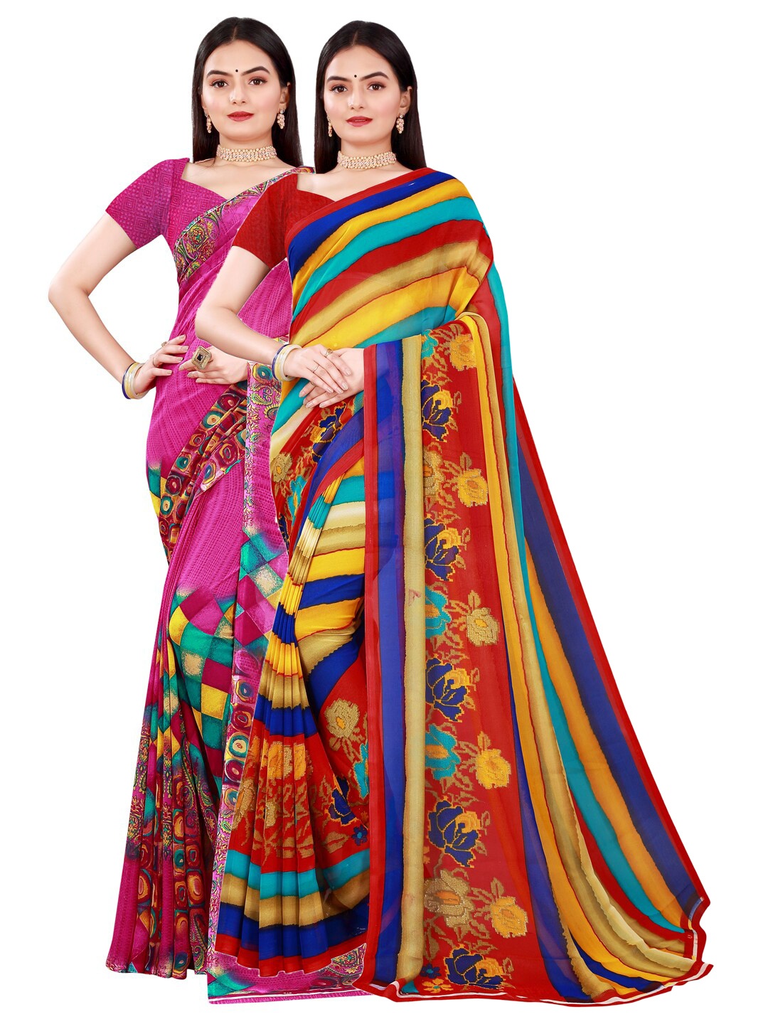 Florence Women Pack Of 2 Magenta & Yellow Printed Pure Georgette Saree