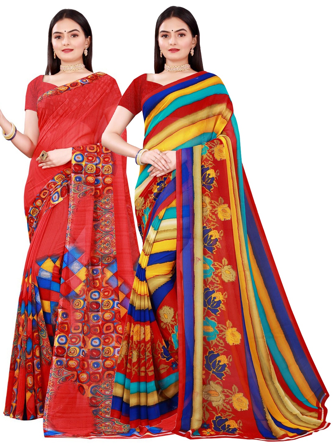 Florence Pack of 2 Red & Blue Pure Georgette Saree