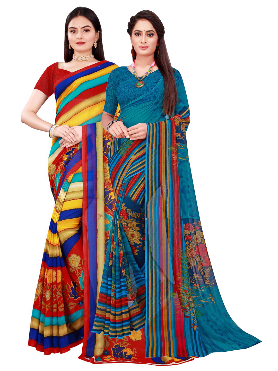 

Florence Turquoise Blue & Yellow Pack of 2 Printed Pure Georgette Saree