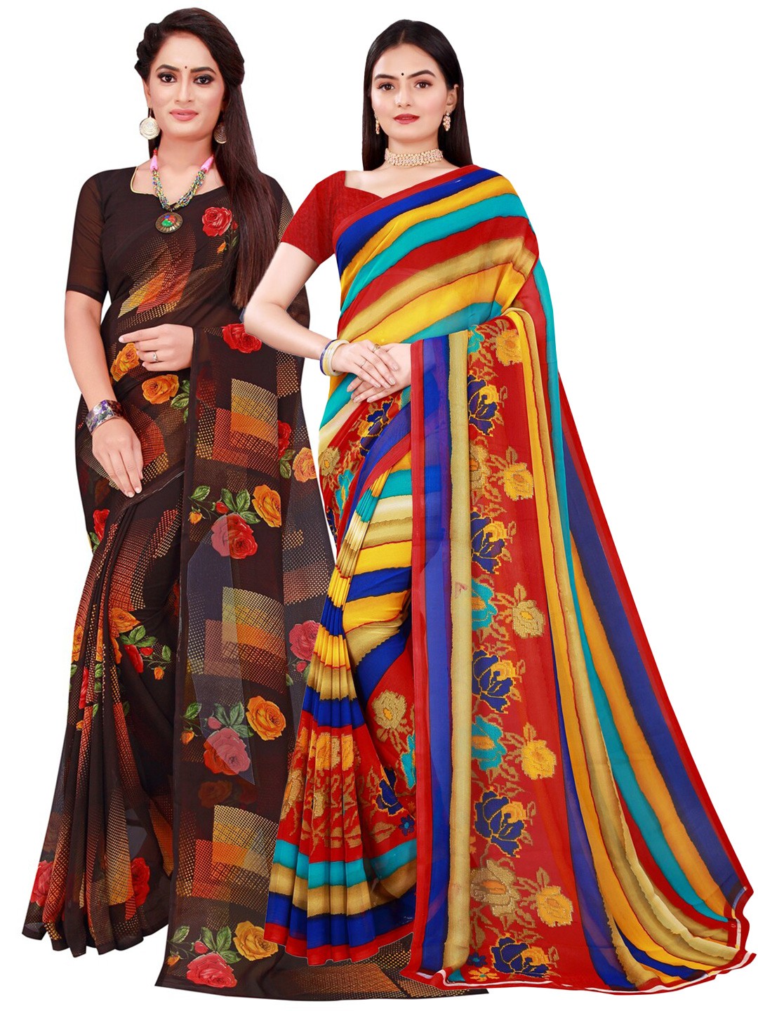 

Florence Pack Of 2 Brown & Blue Floral Pure Georgette Saree