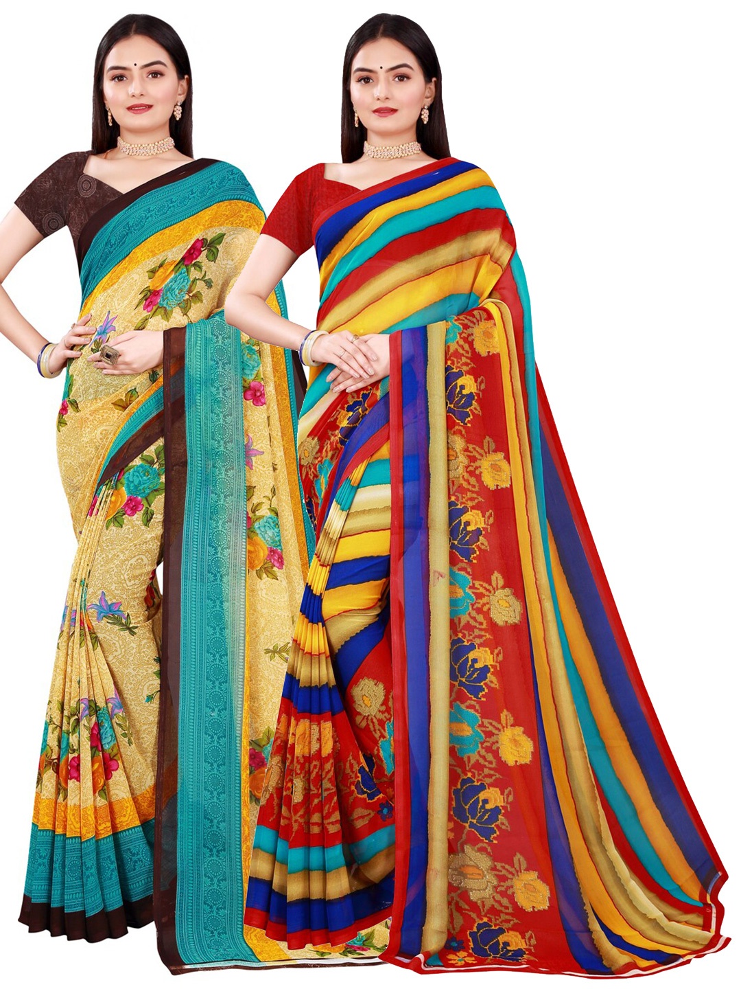 

Florence Pack of 2 Beige & Blue Floral Pure Georgette Saree