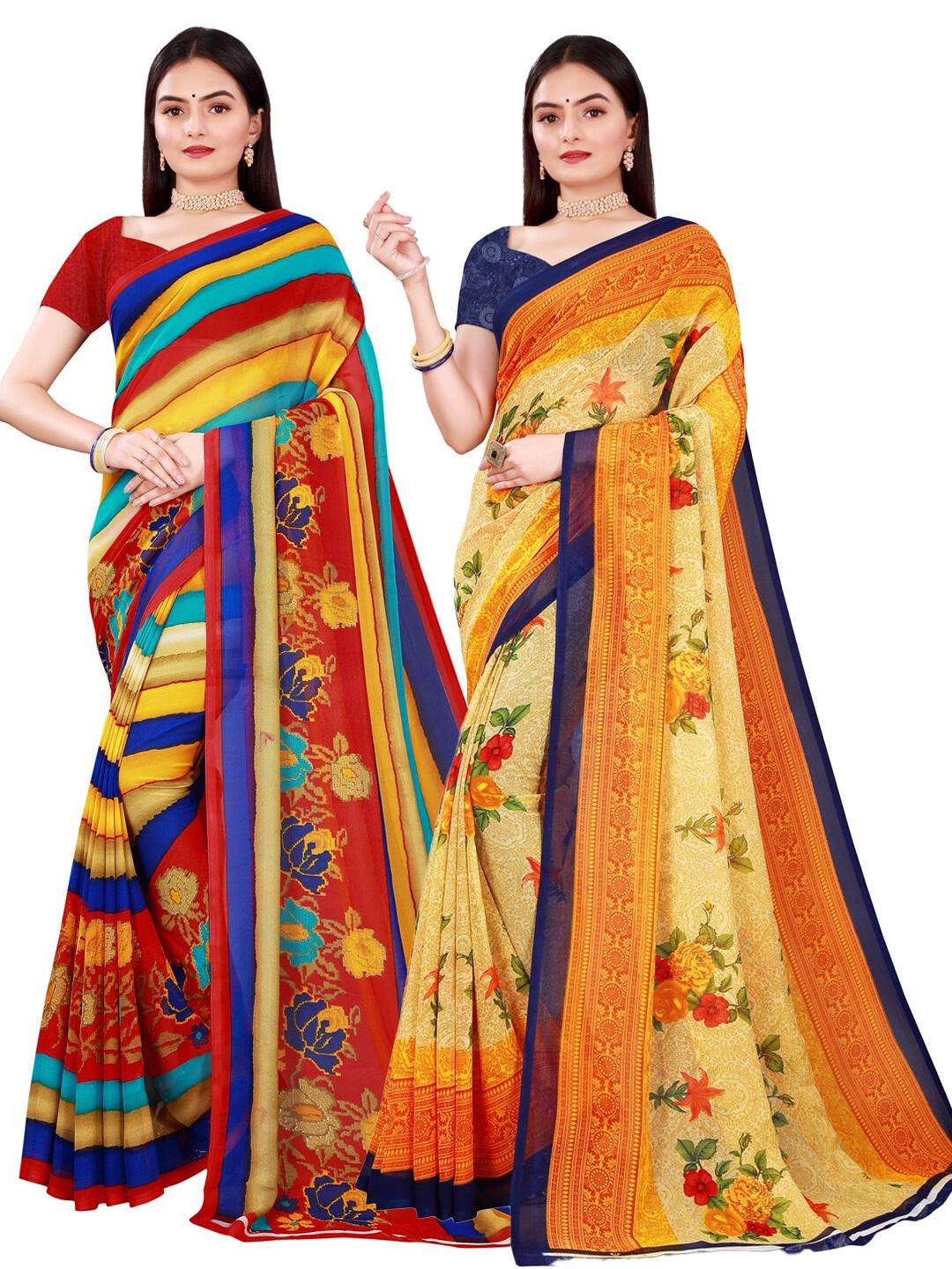 

Florence Beige & Red Pure Georgette Pack Of 2 Saree
