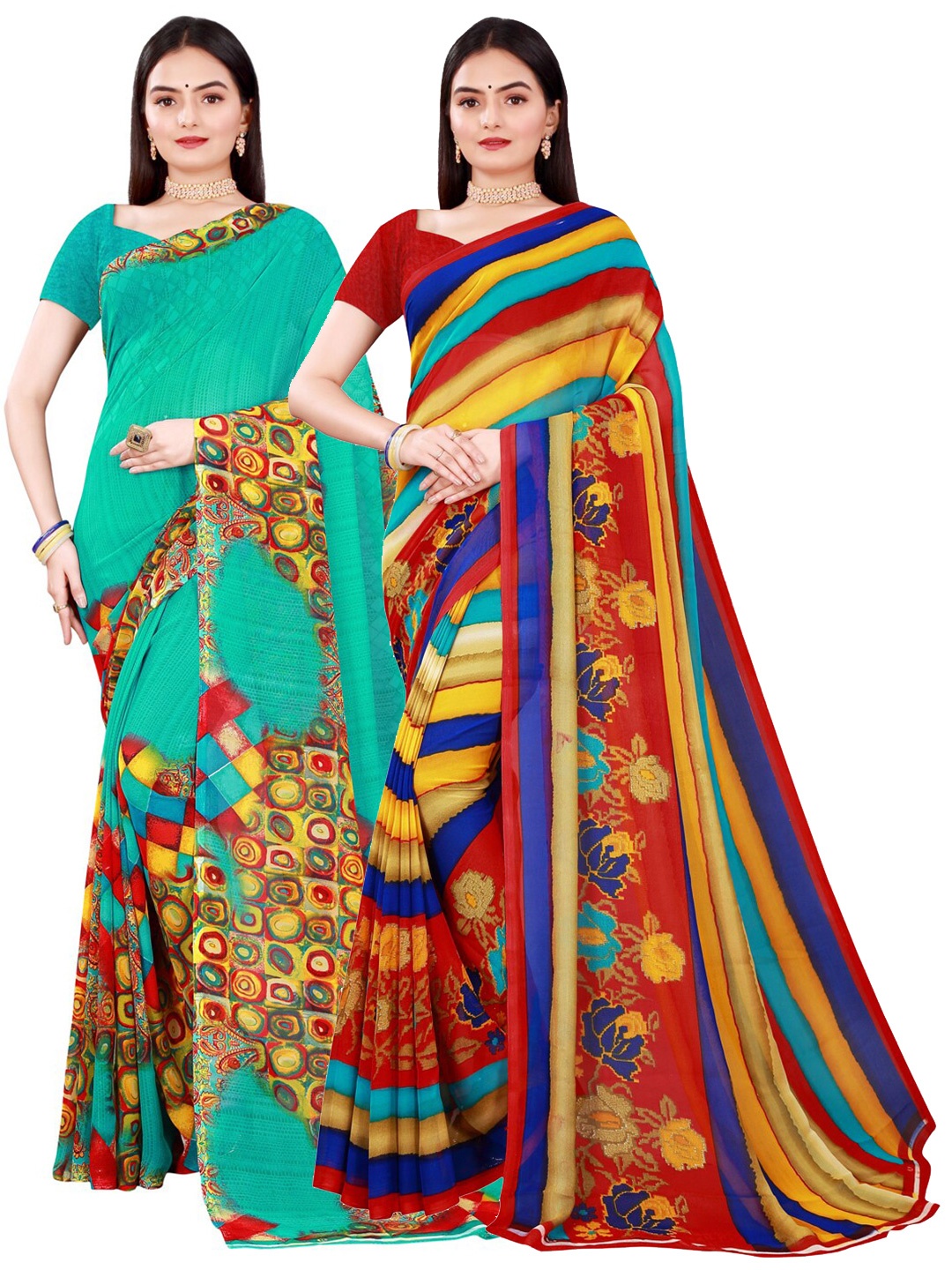 

Florence Green & Yellow Pack of 2 Floral Pure Georgette Saree