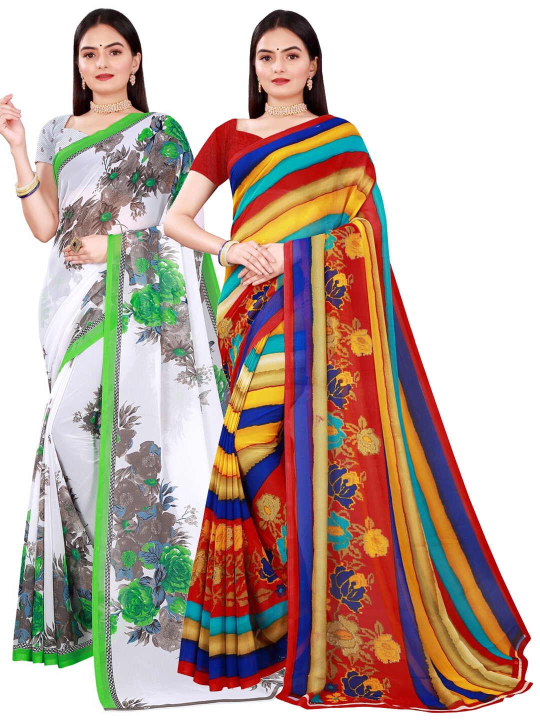 

Florence Pack of 2 White & Red Floral Pure Georgette Saree