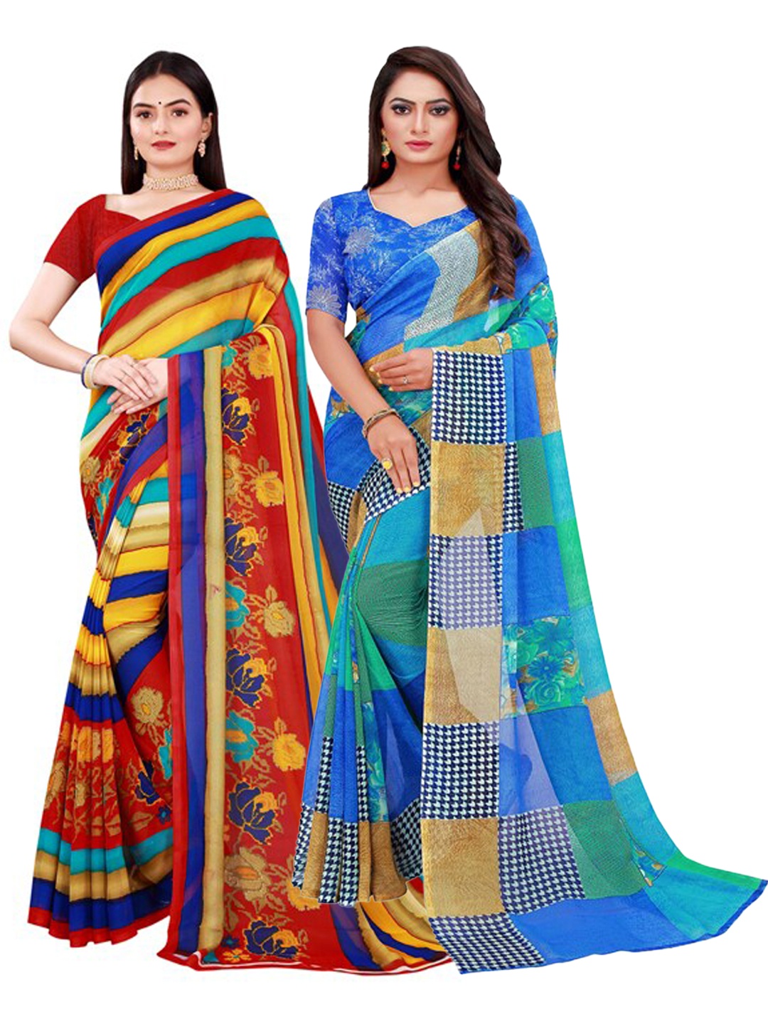 

Florence Blue & Red Pure Georgette Saree