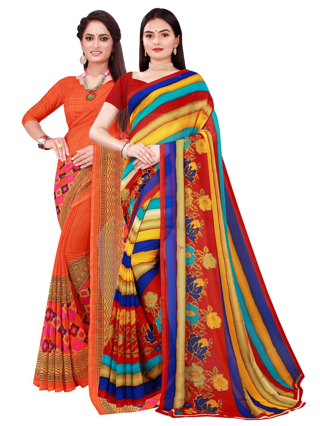 

Florence Set Of 2 Orange & Yellow Pure Georgette Sarees