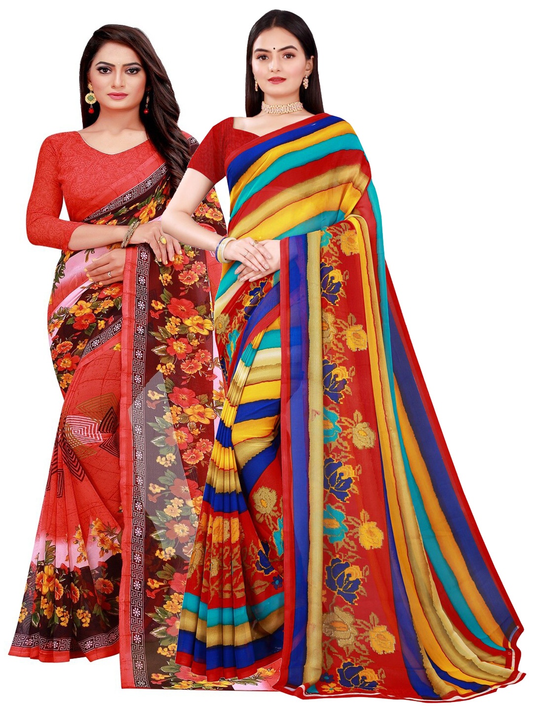 

Florence Red & Yellow Pure Georgette Saree combo pack of 2