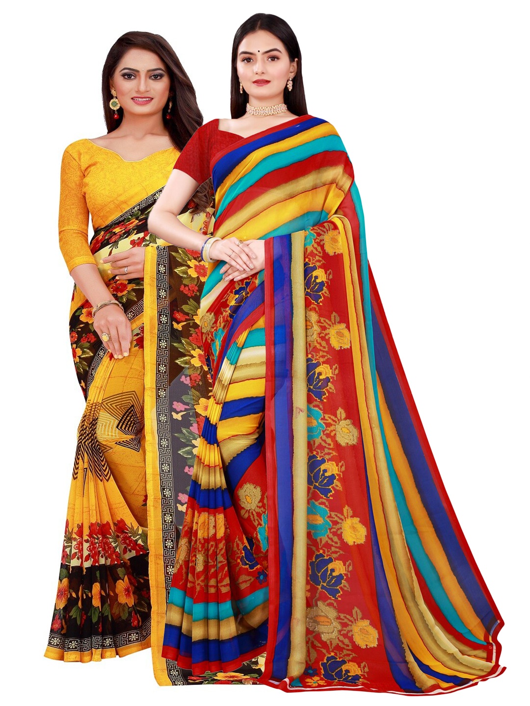 Florence Yellow & Blue Pure Georgette Pack of 2 Saree Saree