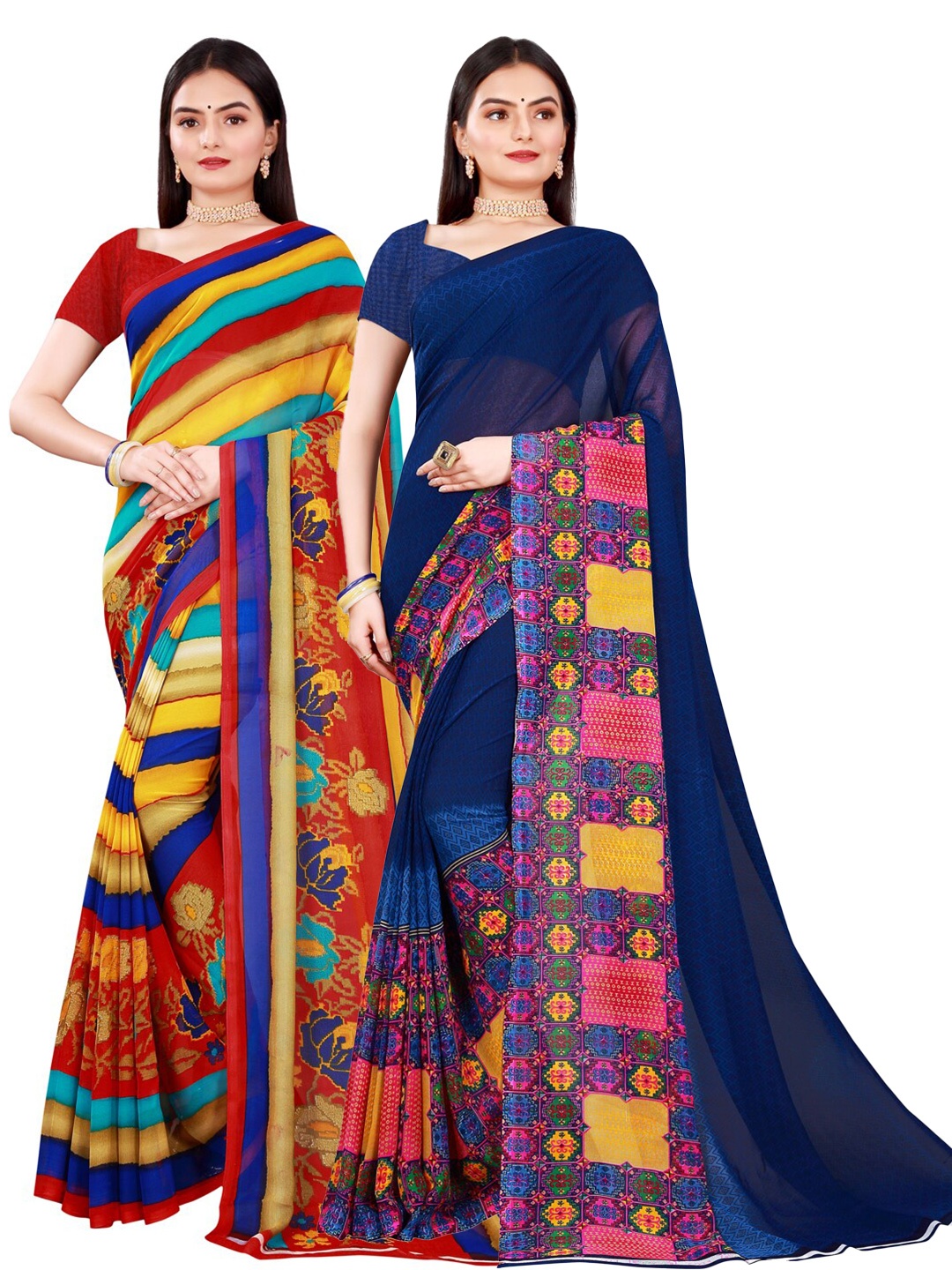 

Florence Pack Of 2 Navy Blue & Yellow Pure Georgette Saree