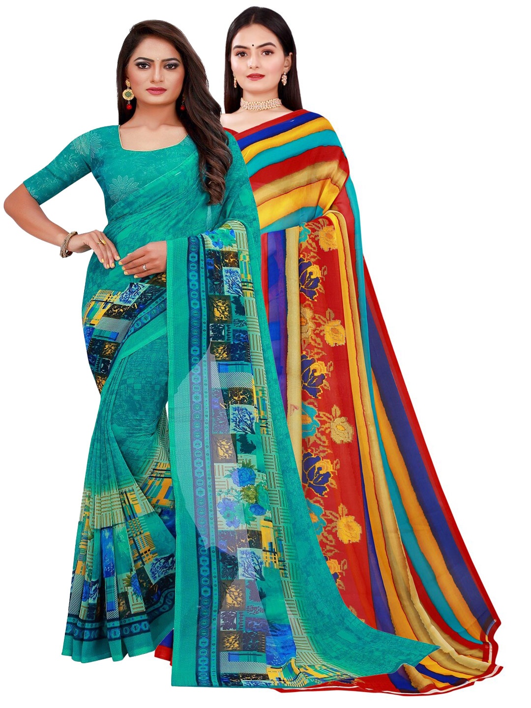 Florence Pack Of 2 Turquoise Blue & Red Pure Georgette Saree