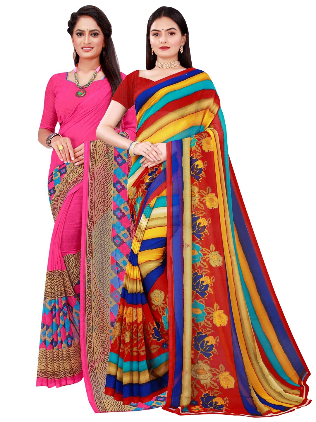 

Florence Pack of 2 Pink & Yellow Floral Pure Georgette Saree