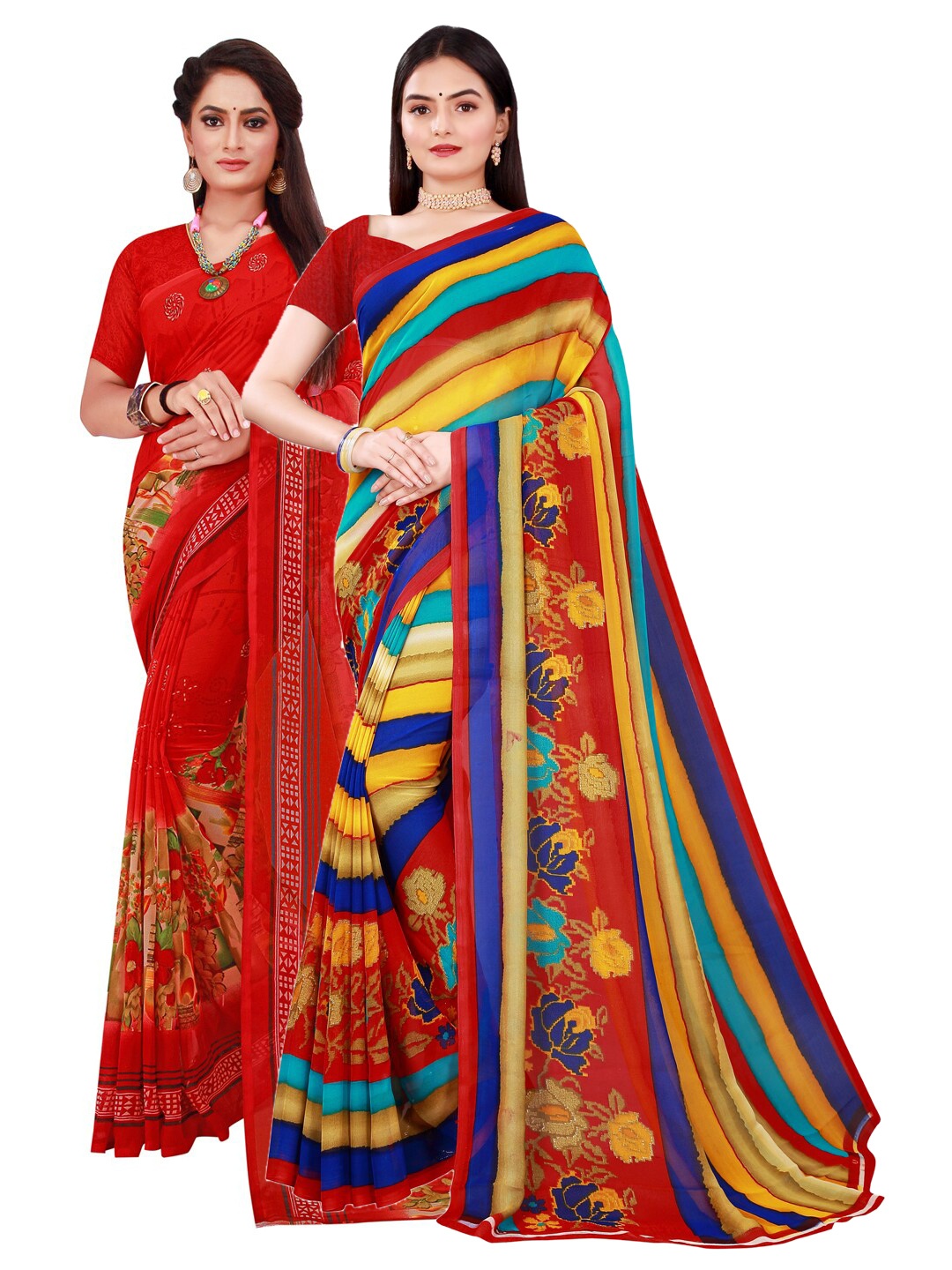 

Florence Pack Of 2 Red & Yellow Pure Georgette Saree