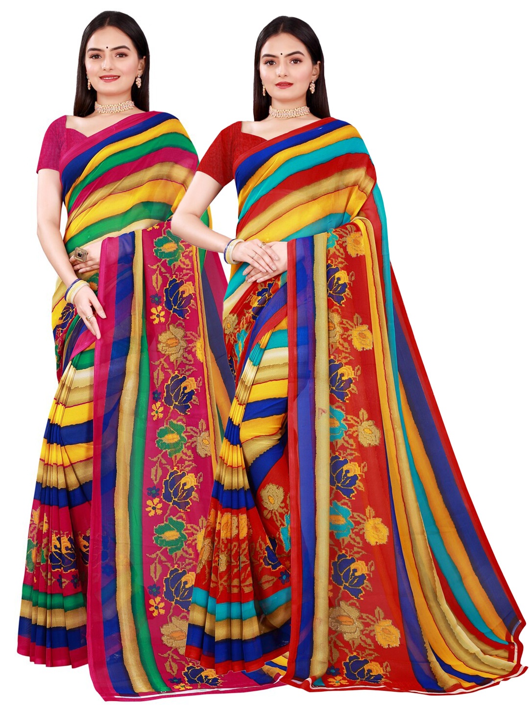 Florence Pack of 2 Women Green & Yellow Pure Georgette Saree