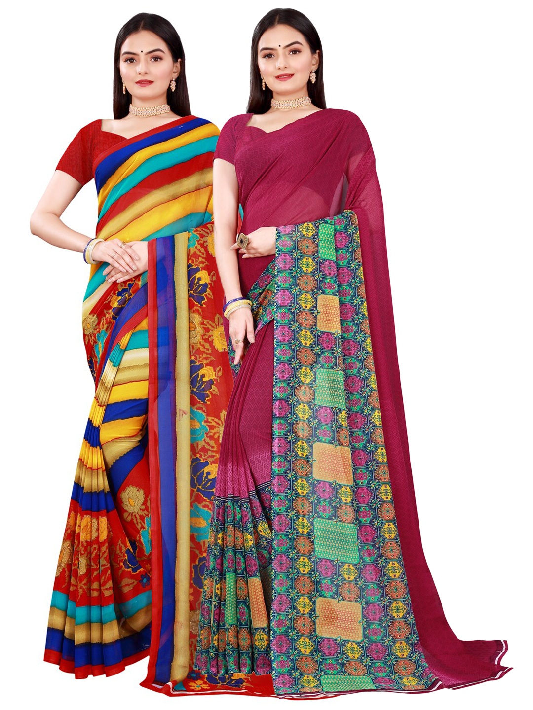 

Florence Women Pack Of 2 Maroon & Yellow Pure Georgette Saree