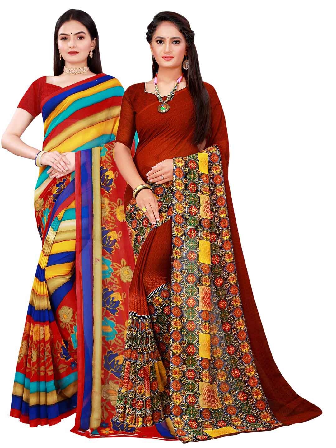 

Florence Women Pack of 2 Brown & Red Geometric Printed Pure Georgette Saree