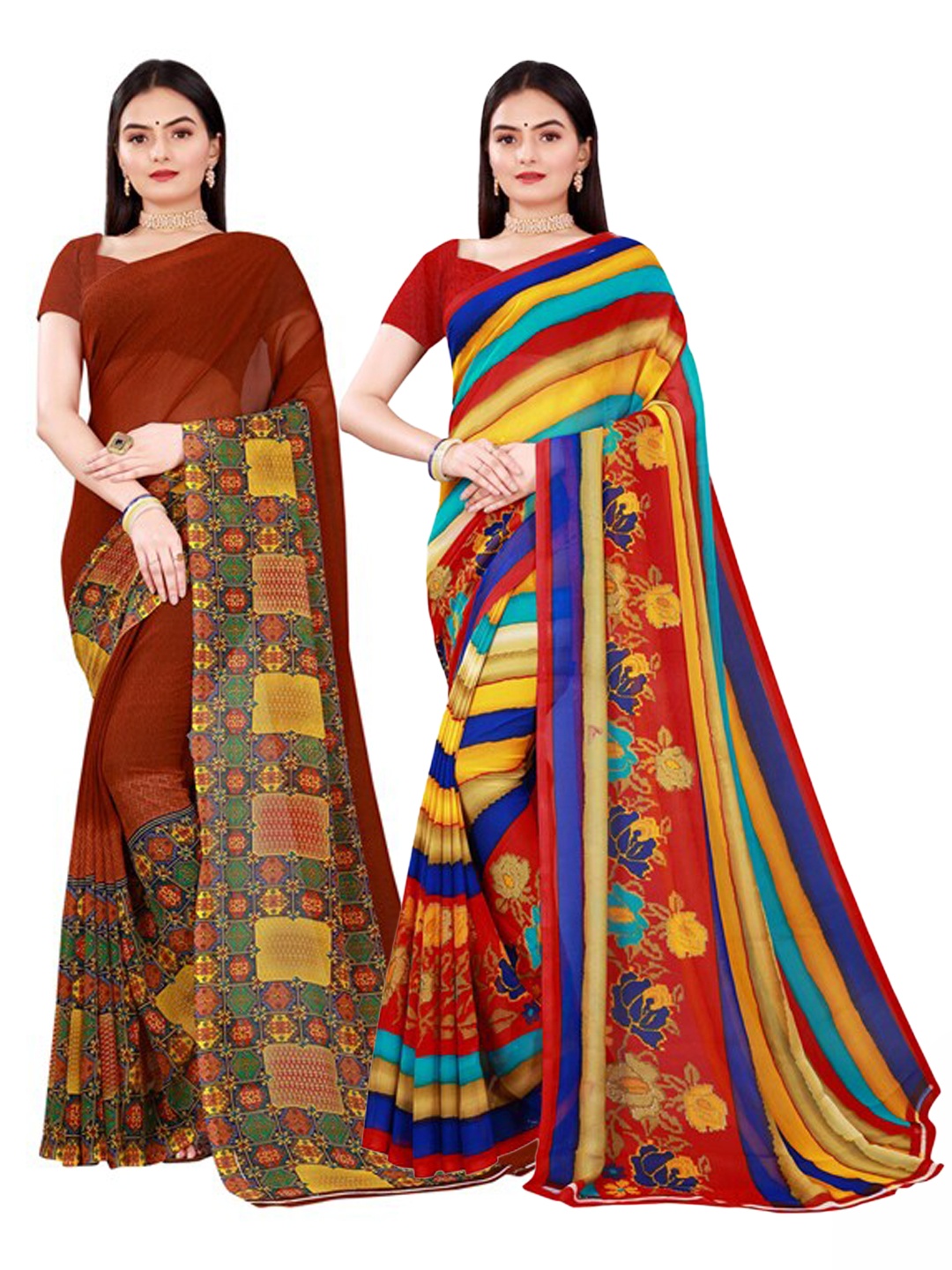 Florence Pack Of 2 Brown & Red Pure Georgette Saree