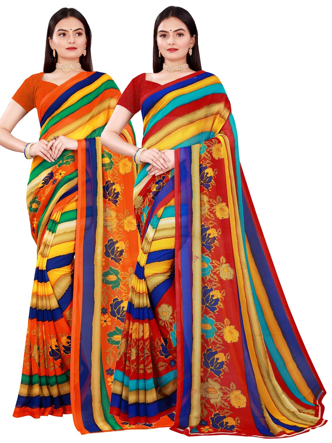 

Florence Pack of 2 Yellow & Red Striped Pure Georgette Saree