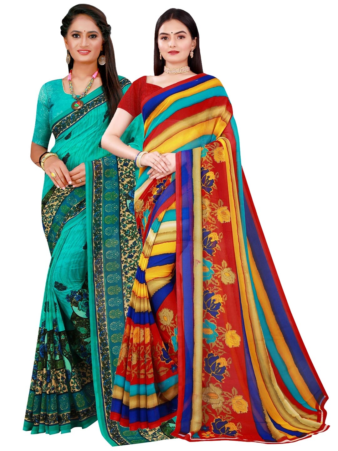 

Florence Pack of 2 Blue & Red Floral Pure Georgette Saree