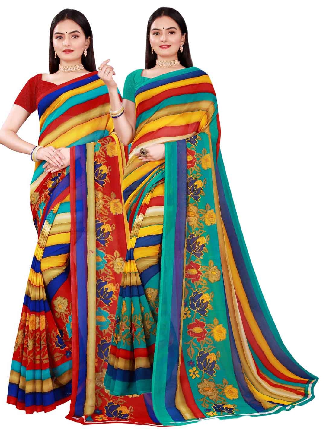Florence Pack of 2 Yellow & Red Pure Georgette Saree
