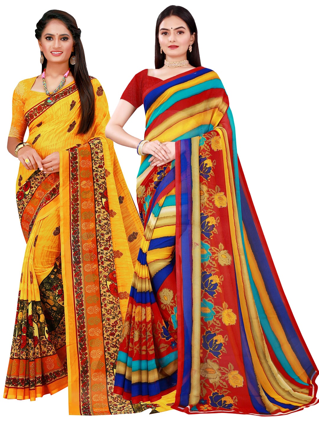 

Florence Pack Of 2 Yellow & Red Printed Pure Georgette Saree With Unstitched Blouse Piece