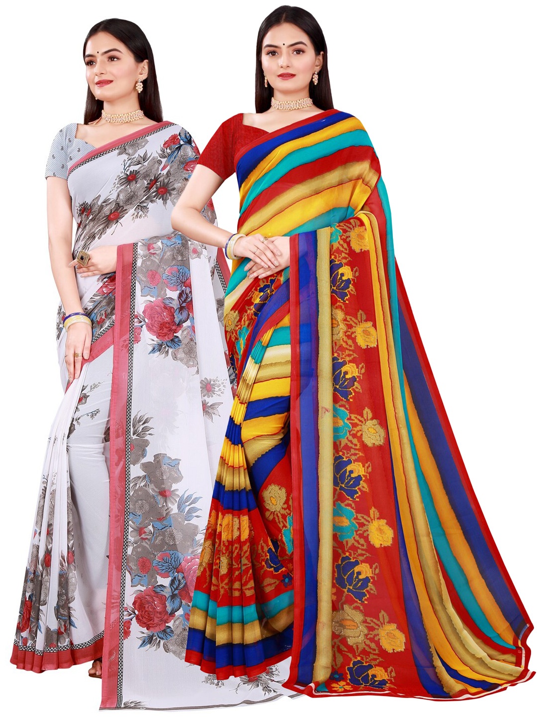 

Florence Women Pack Of 2 White & Red Printed Pure Georgette Saree