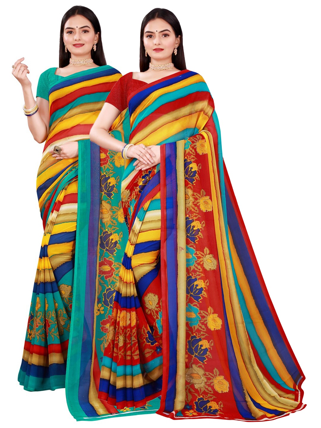 

KALINI Pack of 2 Blue & Red Printed Pure Georgette Saree