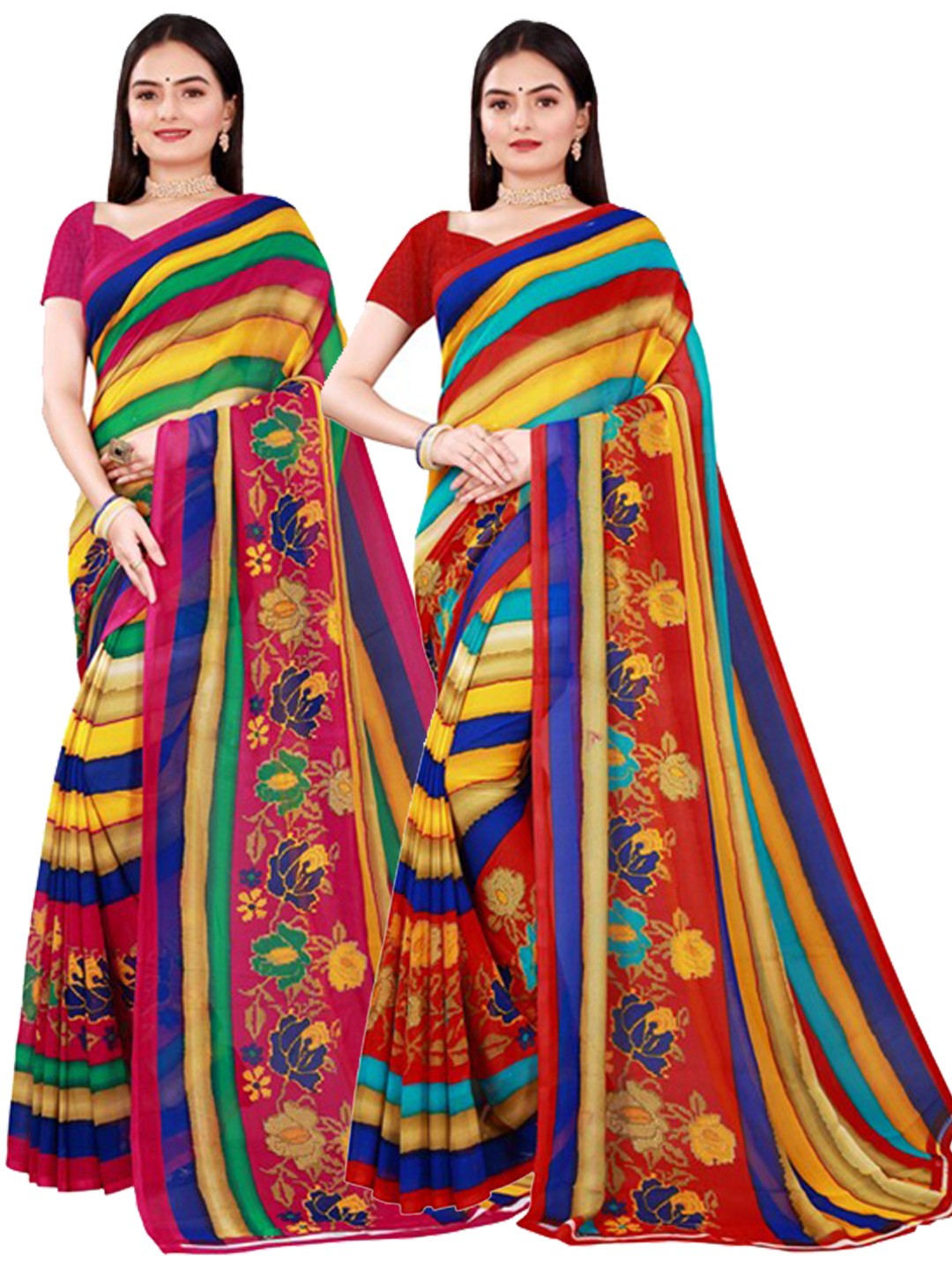 

KALINI Pack of 2 Green & Red Pure Georgette Sarees