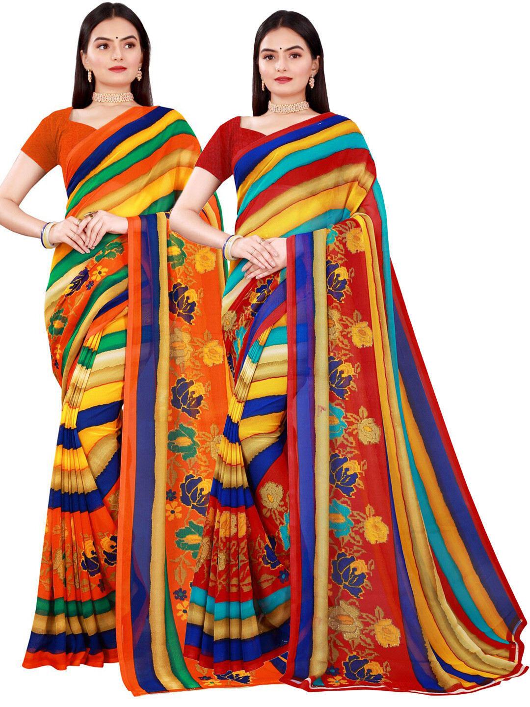 

KALINI Pack Of 2 Yellow & Red Floral Pure Georgette Saree