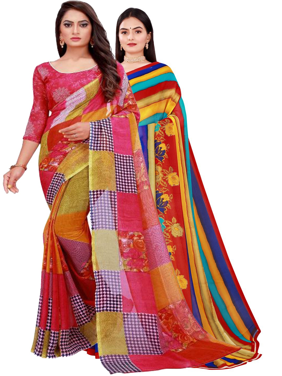 

KALINI Red & Yellow Pure Georgette Pack Of 2 Saree