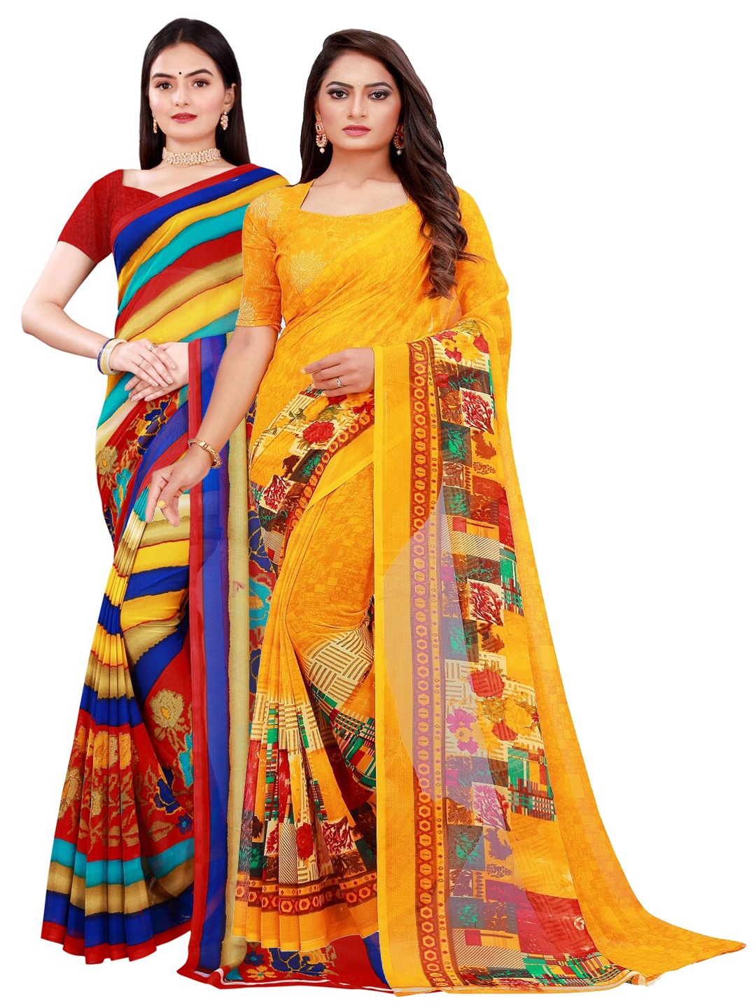 

KALINI Yellow & Red Pure Georgette Saree