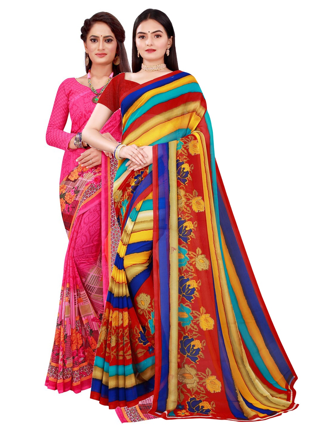 

KALINI Magenta & Yellow Pack of 2 Floral Pure Georgette Saree
