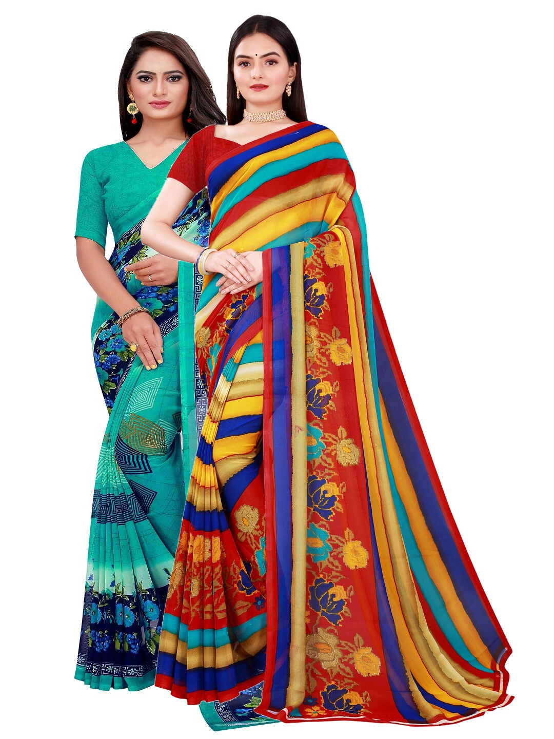 

KALINI Pack of 2 Green & Red Floral Printed Pure Georgette Saree