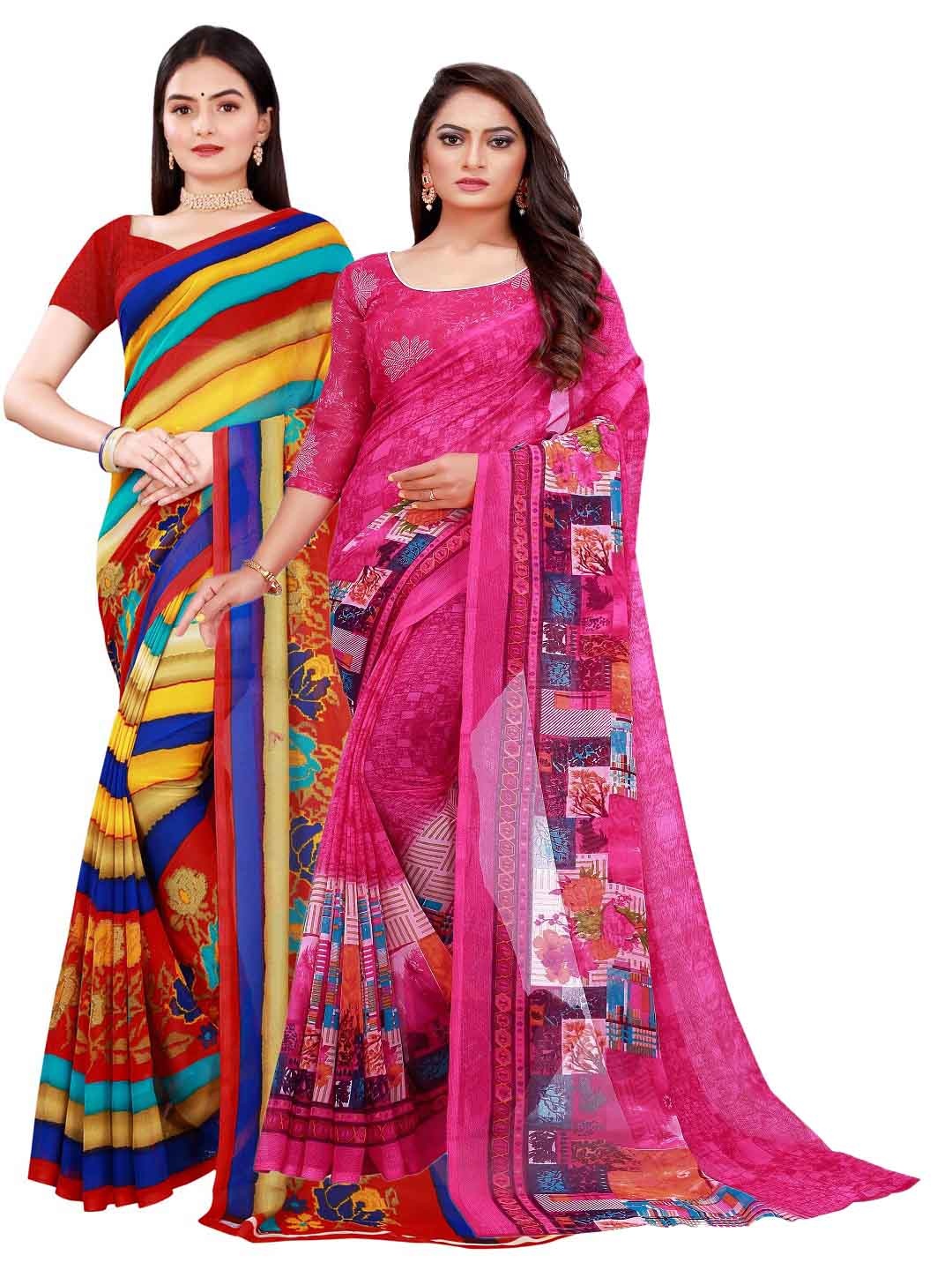 KALINI Magenta & Multicoloured Pack of 2 Pure Georgette Saree