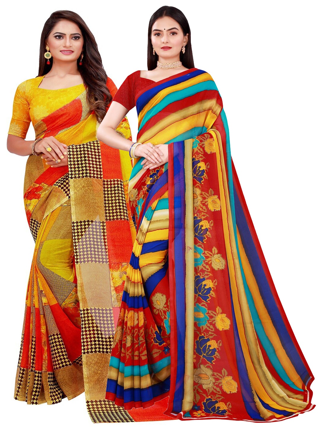 KALINI 2 Yellow & Red Pure Georgette Saree