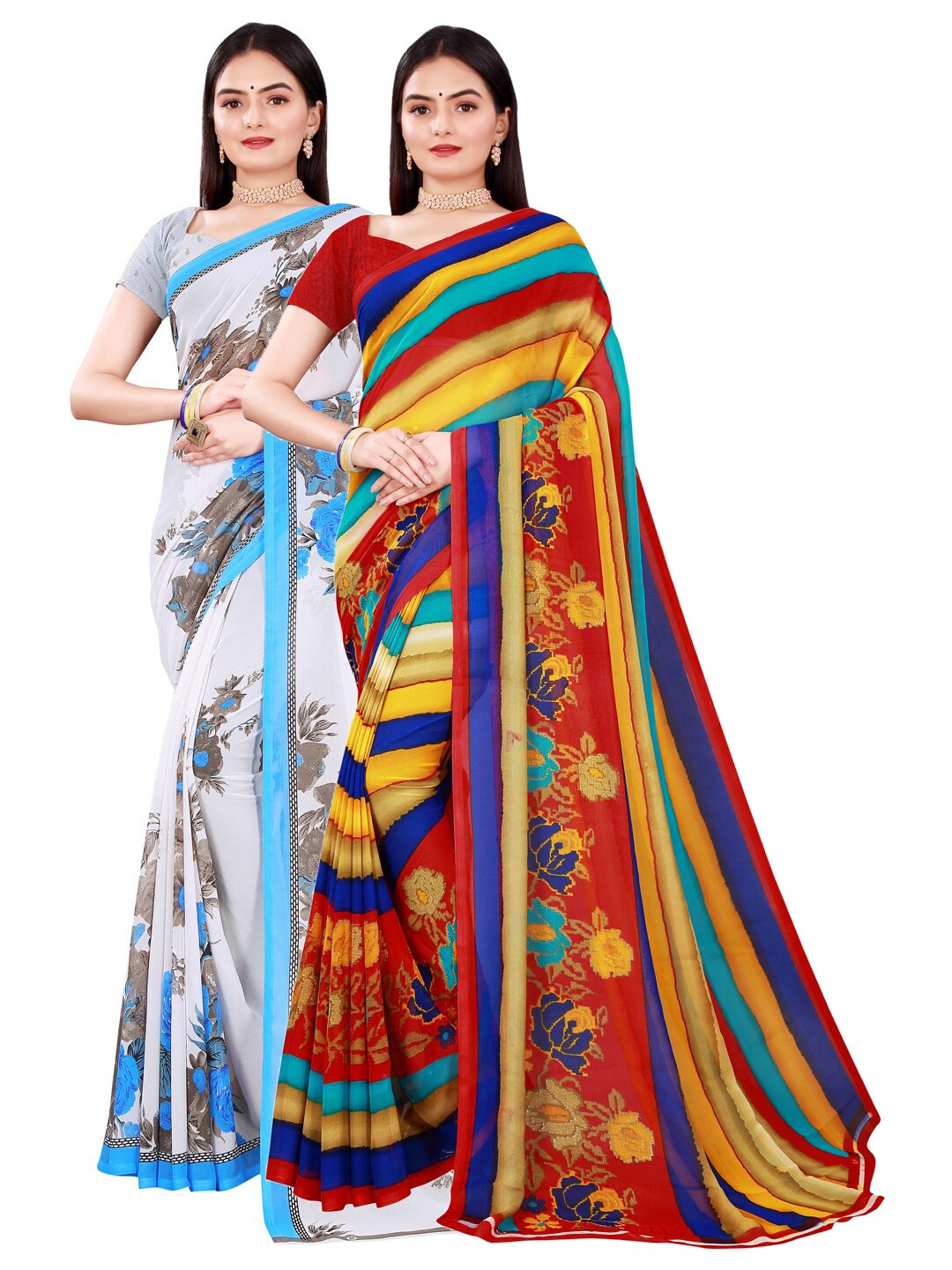 

KALINI White & Grey Floral Pure Georgette Saree