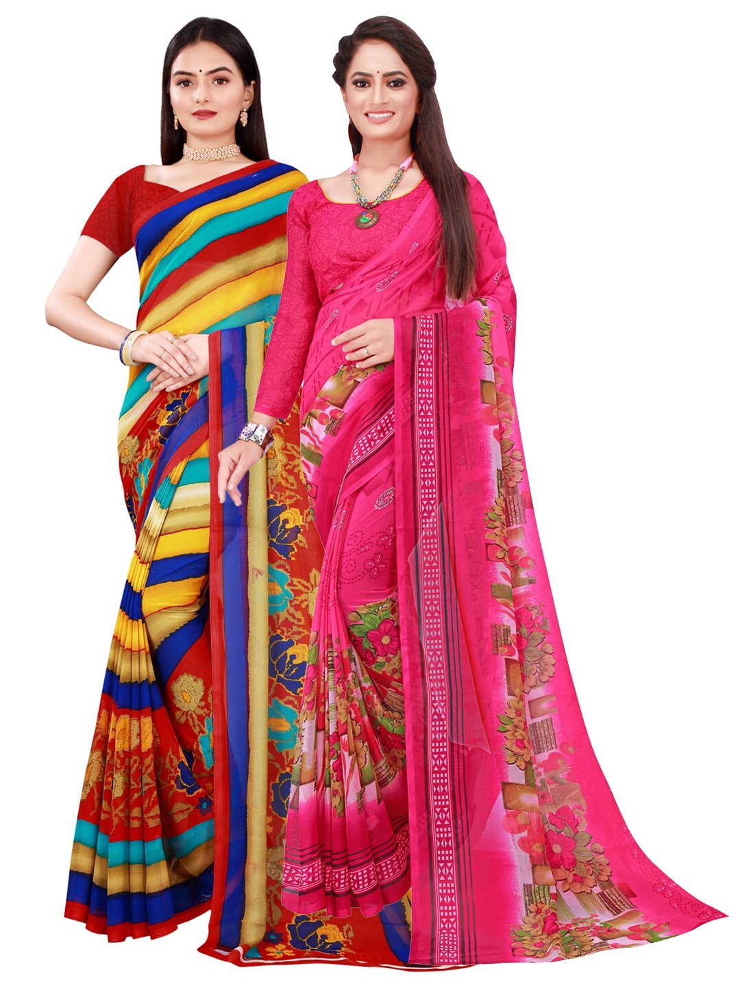 

KALINI Pink & Yellow Pure Georgette Saree
